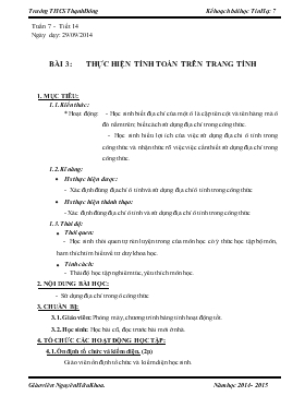 Bài giảng Môn Tin học lớp 7 - Tuần 7 - Tiết 14 - Bài 3: Thực hiện tính toán trên trang tính (tiếp)
