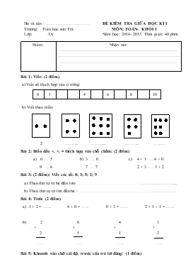 Đề kiểm tra giữa học kì I môn: Toán- Khối 1