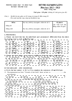 Đề thi olympic lớp 8 năm học: 2012 – 2013 môn: Tiếng Anh
