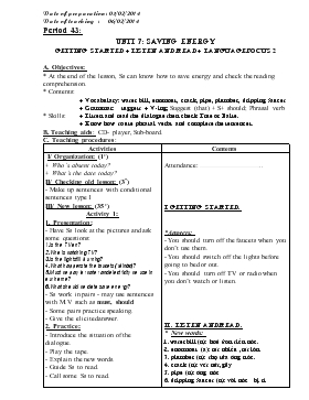 Giáo án Tiếng Anh 9 - Period 43 - Unit 7: Saving energy getting started + listen and read + language focus 2