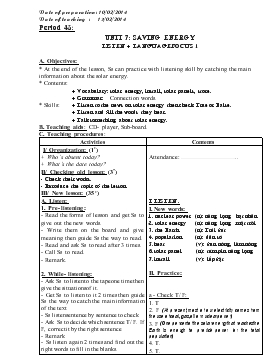 Giáo án Tiếng Anh 9 - Period 45 - Unit 7: Saving energy listen + language focus 1