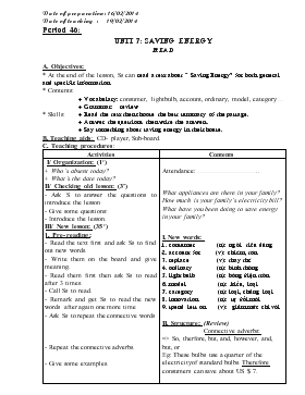 Giáo án Tiếng Anh 9 - Period 46 - Unit 7: Saving energy read