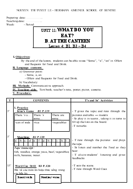Giáo án Tiếng Anh lớp 6 - Unit 11: What do you eat? b. at the canteen lesson 4: b1, b3 – b4