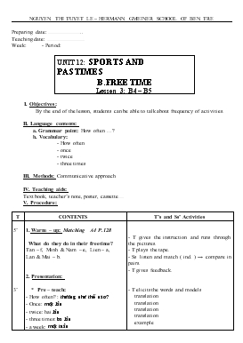 Giáo án Tiếng Anh lớp 6 - Unit 12: Sports and pastimes b. free time lesson 3: b4 – b5