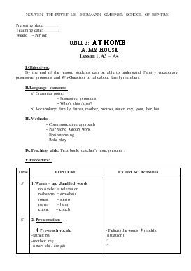 Giáo án Tiếng Anh lớp 6 - Unit 3: At home a. my house lesson 1: a3 – a4