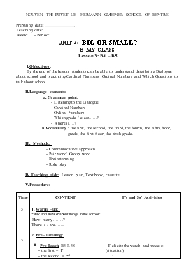 Giáo án Tiếng Anh lớp 6 - Unit 4: Big or small? b my class lesson 3: b1 – b5