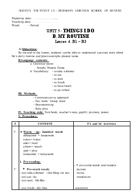 Giáo án Tiếng Anh lớp 6 - Unit 5: Things i do b. my routine lesson 4: b1 – b3