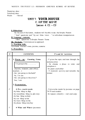 Giáo án Tiếng Anh lớp 6 - Unit 7: Your house c. on the move lesson 4: c1 – c3