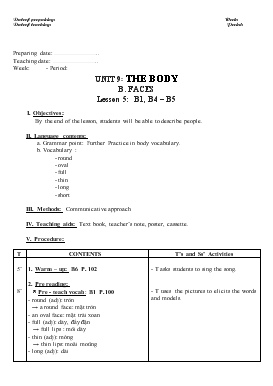 Giáo án Tiếng Anh lớp 6 - Unit 9: The body b. faces lesson 5: b1, b4 – b5