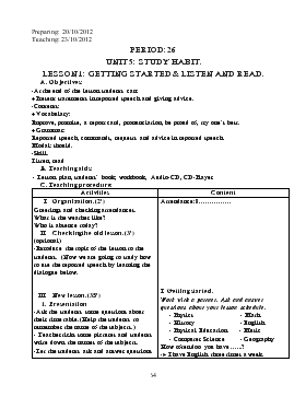 Giáo án Tiếng Anh lớp 8 - Period: 26 - Unit 5: study habit, lesson 1: Getting started & listen and read