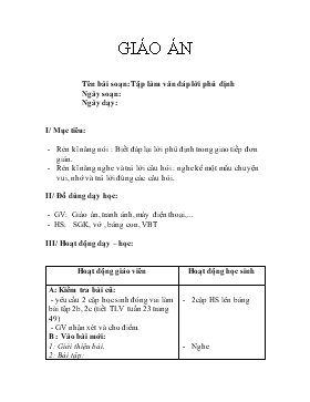 Bài giảng Lớp 2 - Môn Tiếng Việt - Tập làm văn đáp lời phủ định