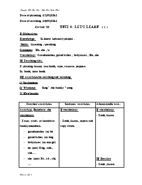 Bài giảng Lớp 3 - Môn Tiếng Anh - Period: 55 - Unit 4 : Let’s learn (tiếp)