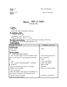 Bài giảng Lớp 3 - Môn Tiếng Anh - Tuần 4 - Bài 14 - Unit 3: This is tony