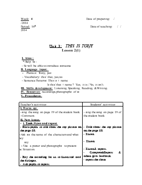 Bài giảng Lớp 3 - Môn Tiếng Anh - Tuần 4 - Bài 16 - Unit 3: This is tony