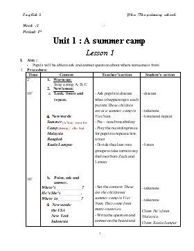 Bài giảng Lớp 5 - Môn Tiếng Anh - Bài 1 - Unit 1 : A summer camp