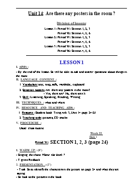 Giáo án Tiếng anh 3 - Unit 14: Are there any posters in the room ?