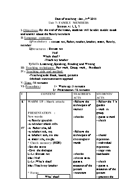 Giáo án Tiếng Anh 3 Unit 7: Family members - Section A: 1, 2, 3