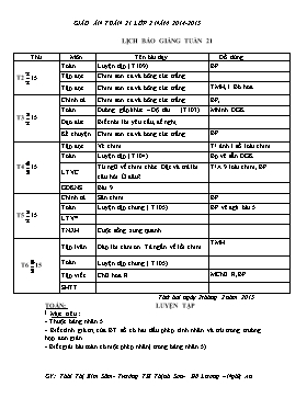 Kế hoạch dạy học lớp 2 - Tuần 21