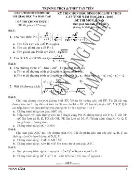 Kỳ thi chọn học sinh giỏi Lớp 9 THCS cấp tỉnh môn Toán - Năm học 2014-2015