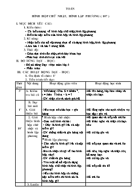 Giáo án Toán - Tiết 107: Hình hộp chữ nhật, hình lập phương